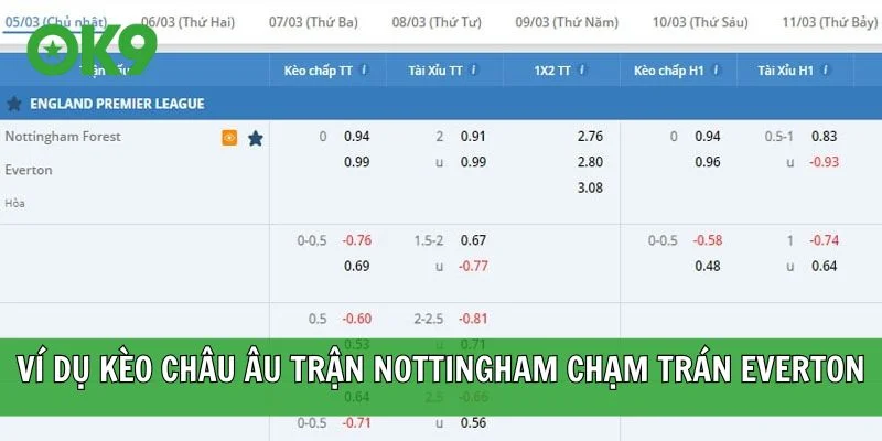 Ví dụ kèo châu Âu trận Nottingham chạm trán Everton